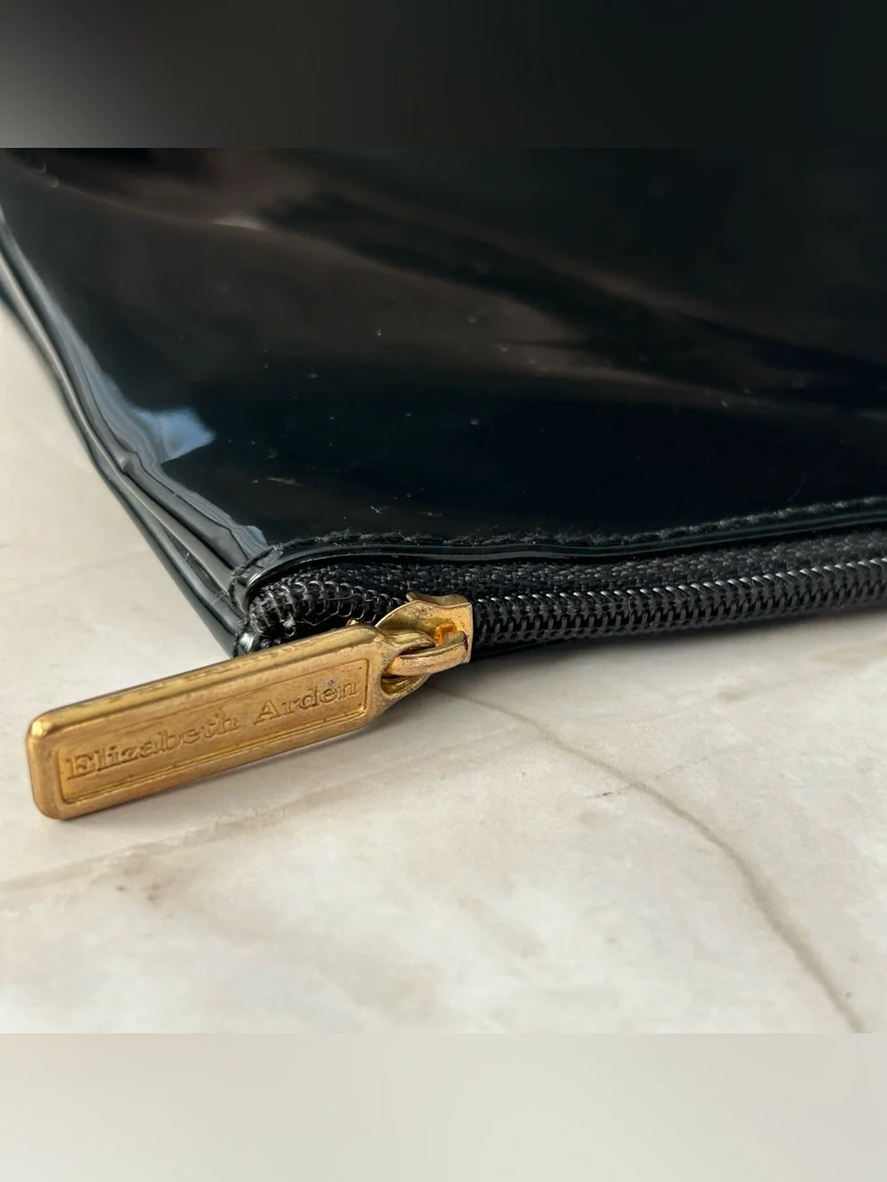 Elizabeth Arden Black Patent Cosmetic Pouch with Gold-Tone Zip Pull